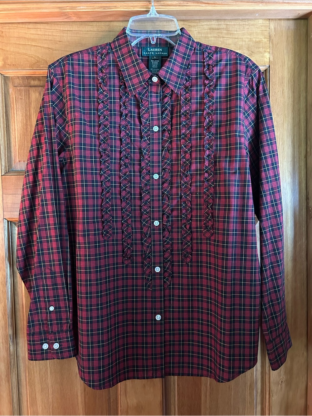 Lauren Ralph Lauren Red and Black Plaid Button-Down Shirt with Front Ruffled Bib
